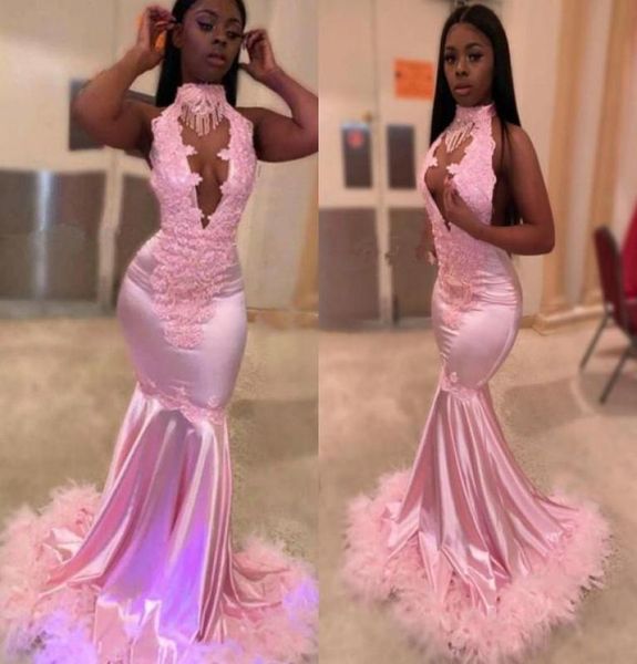 

elegant evening dresses halter lace appliques feathers prom gowns 2020 custom made sweep train mermaid party special occasion dres7874585, Black;red