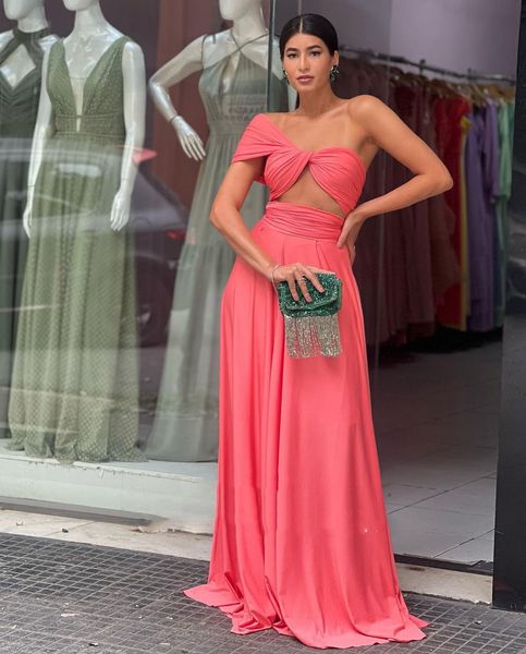 

watermelon chiffon prom dresses formal women party gowns one shoulder cut-out pleats long, Black