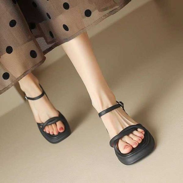 

lady sandals huge and lightweight~genuine leather open toe thick sole flat button for women's new summer casual coarse heel beach shoes, Black