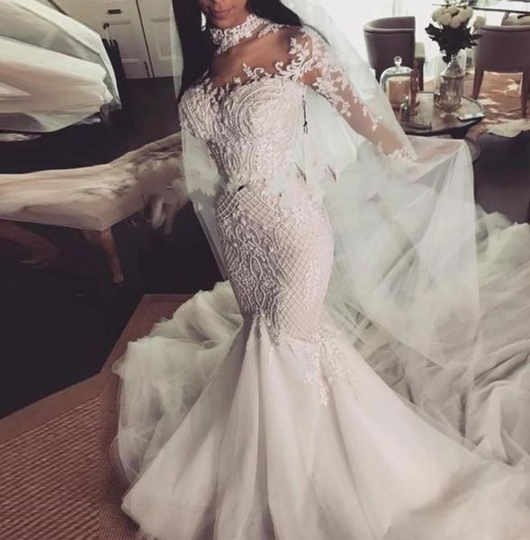 

2021 new sheer high neck mermaid wedding dresses modern lace appliques beads plus size long sleeves country garden bride robes wed5435571, White