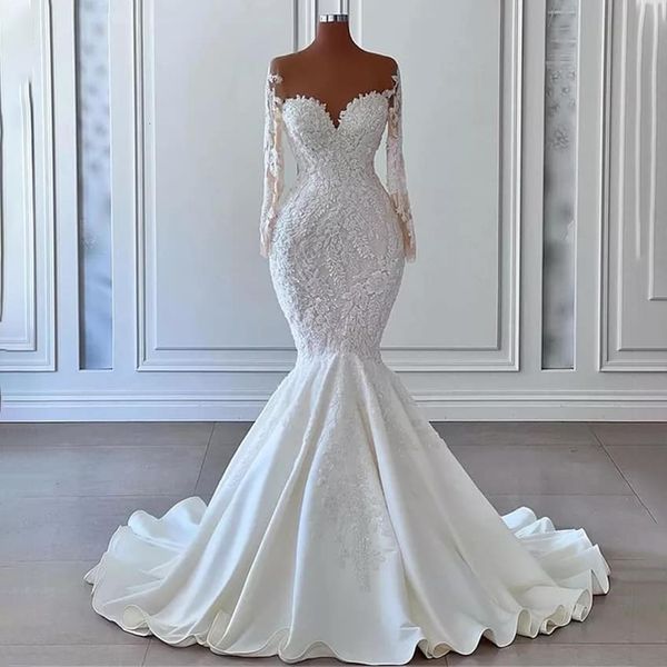 

urban dresses ivory wedding dress luxury applique sheer tulle neck mermaid gowns for bride long sleeves satin elegant bridal 230630, White;black