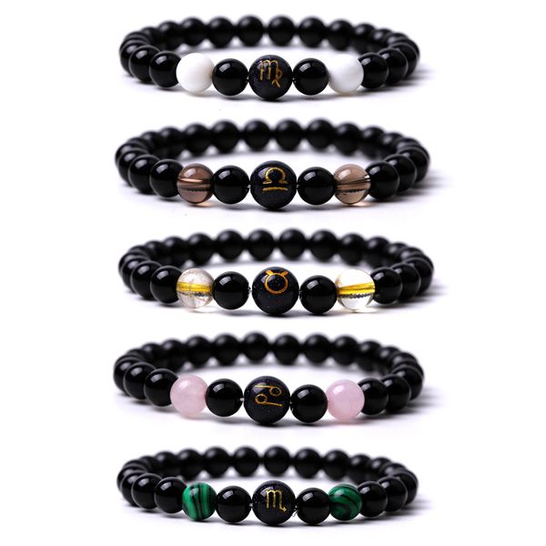 

10mm 12 constellation zodiac sign birthday bead bracelet 8mm black stone budhha friendship bracelet jewelry women men, Golden;silver