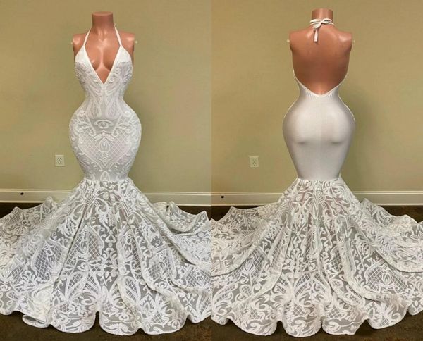 

2020 mermaid prom dresses halter lace sequined appliqued backless evening dress custom made special occasion gowns plus size3865728, Black