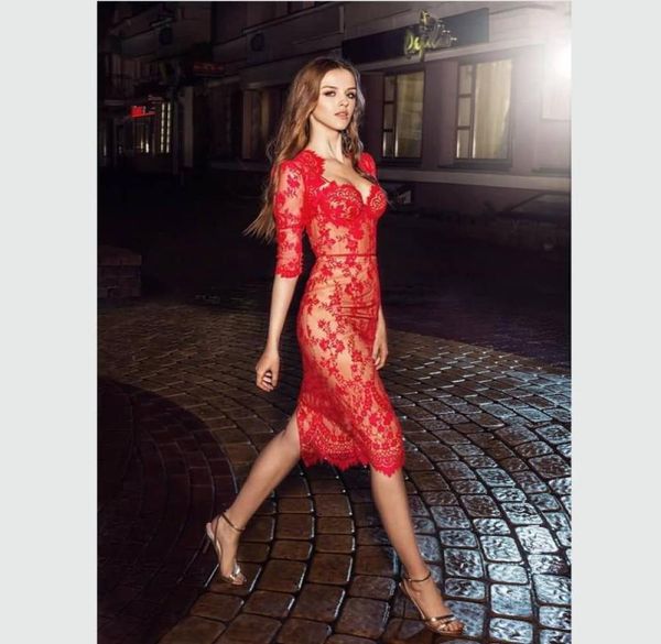 

pretty red applique lace sheer evening dresses with half sleeves knee length short cocktail party dress sheath slim formal gowns8238267, Black