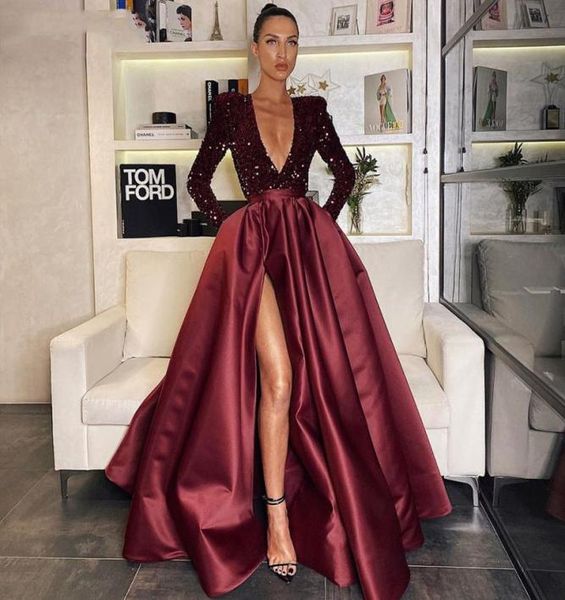 

glitter burgundy sequined formal evening dresses long sleeve a line side slit shiny prom party dress satin full length sparkl3575366, Black;red