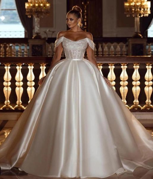 

sparkly sequins ball gown wedding dresses with detachable satin train elegant offtheshoulder dubai arabic modern bridal gowns ro1583519, White