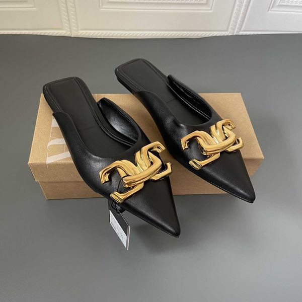 

spring and autumn new baotou pointed low heel muller shoes lazy half solid color large slippers78, Black