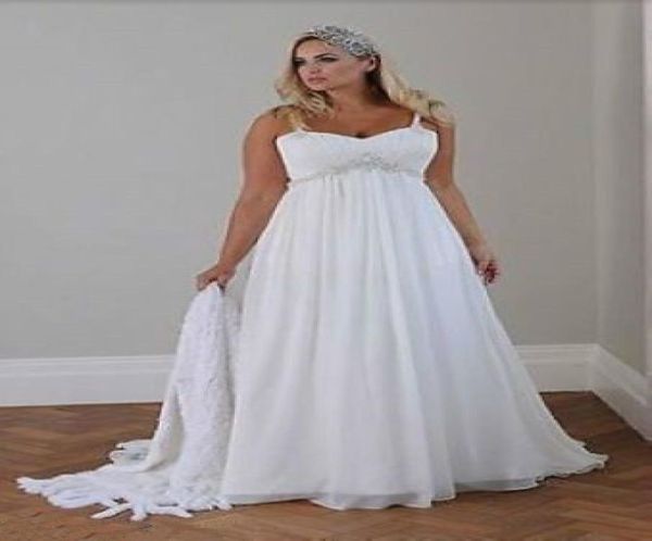 

plus size casual beach wedding dresses 2019 spaghetti straps beaded chiffon floor length empire waist elegant bridal gownse3154166, White