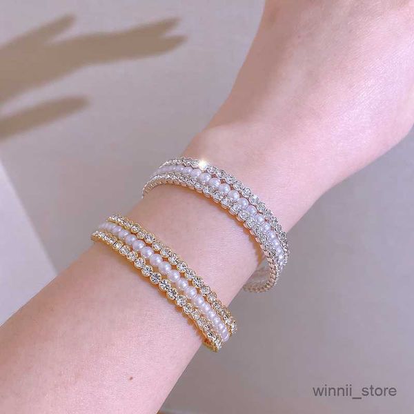 

charm bracelets trendy multiple rows pearl bracelet bangle for women silver color charm bracelets bangles wedding jewelry r230701, Golden;silver