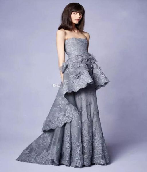 

long grey lace evening dresses gown with 3d floral embellishments strapless neckline party dresses marchesa resort collection8736301, Black;red