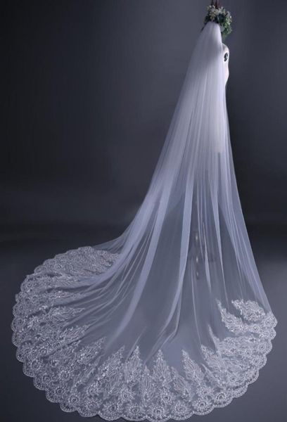 

cathedral train white long wedding veil 338m bridal veils wedding accessories floral applique with beads1013706, Black
