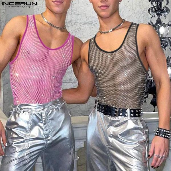 

men' tank incerun men mesh patchwork oneck sleeveless transparent vests streetwear 2023 fitness fashion party 5xl 230630, White;black