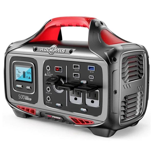 

rockpals rockpower 500w portable power station, 505wh solar generator, 110v pure sine ac outlets, mppt solar controller