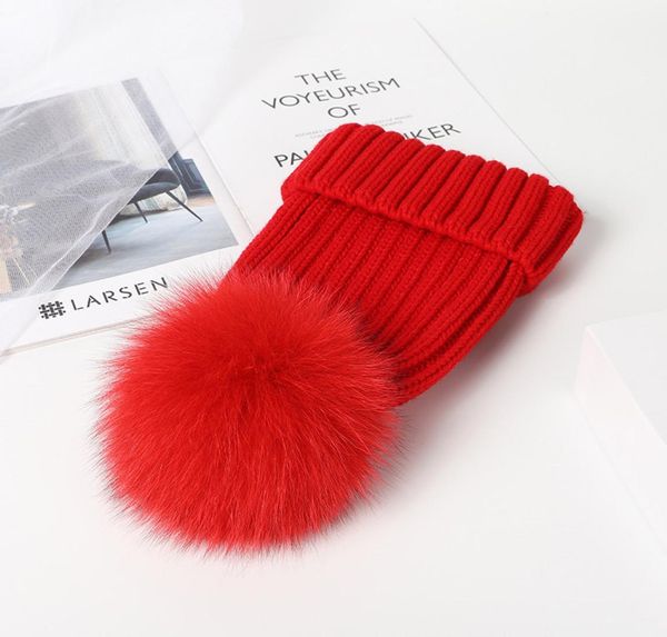 

real fur autumn pompom hat for kids knited beanie warm hat for children winter fur pom pom hats girls boys cap5671306, Yellow