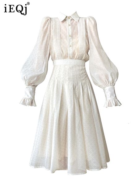 

basic casual dresses ieqj two piece set for women clothing french lapel lantern sleeve shirt high waist skirts female fashion 2023 summer 3w, Black;gray