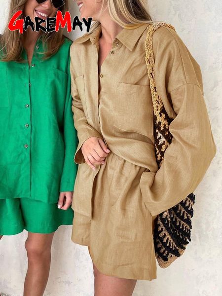 

women's tracksuits women's summer suit shirt and shorts long sleeve oversize two-piece set loose cotton linen suit for women outfi, Gray