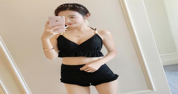 

korean summer simple black sleeveless halter princess tankini bathing suit two piece modest swim suit8958435