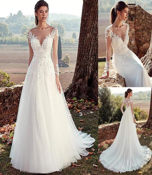 

tulle aline wedding dresses with illusion back lace appliques long sleeves bridal wedding gowns 2020 vestido de noche2686716, White
