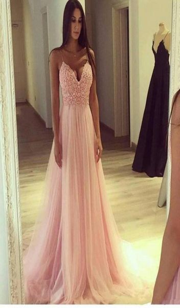 

elegant blush pink prom dresses lace spaghetti a line formal evening party gowns soft tulle summer bridesmaid dress3287156, Black
