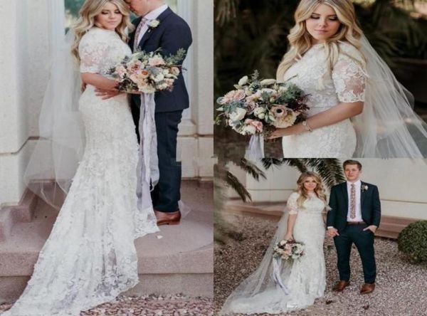 

country mermaid wedding dresses 2019 modest jewel short sleeves sweep train bridal gowns lace applique plus size beach garden wedd5346103, White