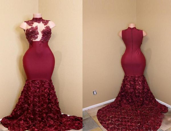 

exquisite burgundy mermaid prom dress 2018 high neck sheer applique lace handmade flower bottom zipper back long train evening4240997, Black
