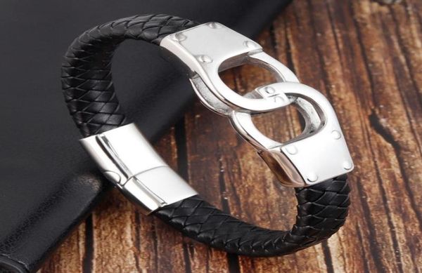 

bangle classic fashion hip hop handcuffs magnetic buckle leather woven bracelets for men gift7131003, Black