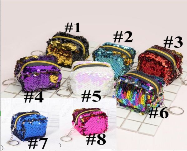 

kids sequins portable earphone storage coin bag double color keychain square coin purse mini storage small bag key case zipper bag8728644, White