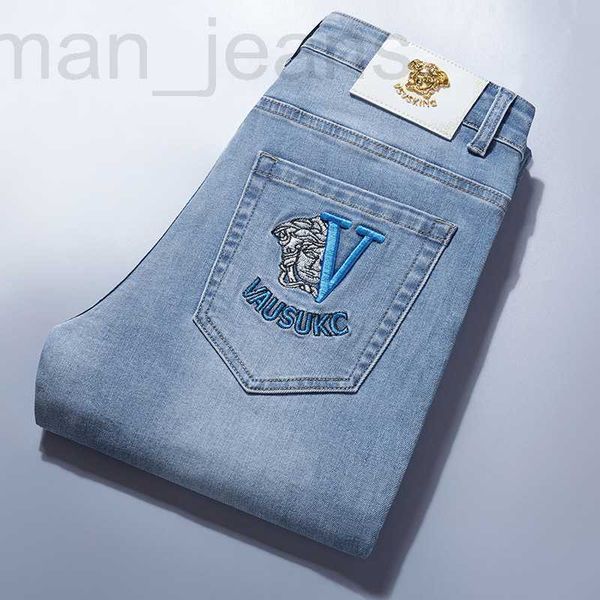 

men's jeans designer 2023 spring/summer embroidered for korean version slim fit elastic fashion brand european pants thin style qtph, Blue