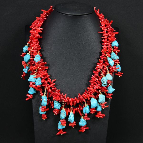

18'' 3 strands red coral funcy chips blue turquoise pendant necklace handmade for women, Silver