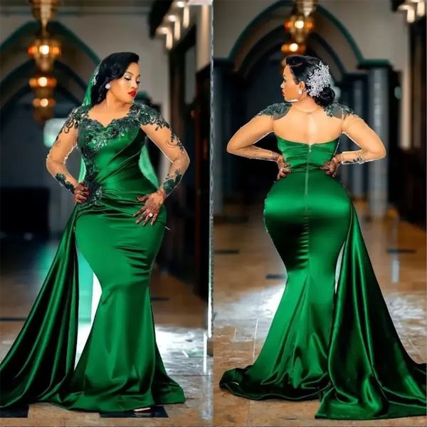 

prom dresses arabic aso ebi dark green mermaid evening dresses sheer long sleeve lace appliques jewel neck party second reception wears plus, Black
