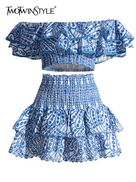 

basic casual dresses twotwinstyle print two piece sets for women slash neck short sleeve high waist skirts summer loose set female fashion, Black;gray