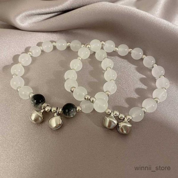 

charm bracelets women fashion smooth white opal moon stone bracelet elastic cord cat eyes stone bell hand chain adjustable jewelry gifts r23, Golden;silver