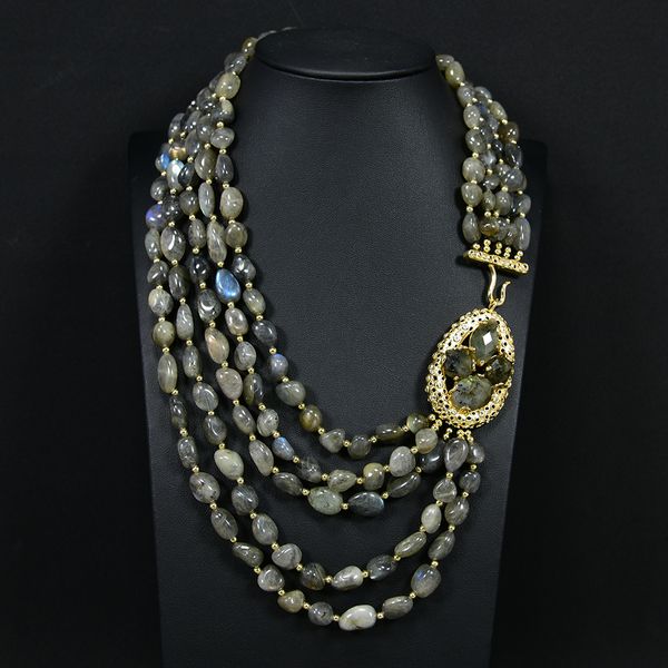 

20" 5 rows natural gray labradorite gems stone necklace multi strands necklace jewelry for women, Silver