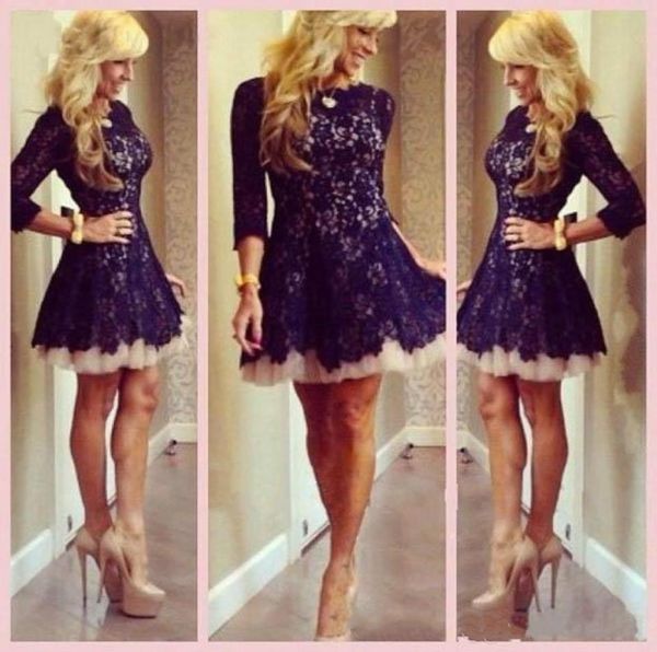 

short lace homecoming dresses with sheer 34 long sleeves crew a line cocktail dresses zipper prom party gowns6133774, Blue;pink