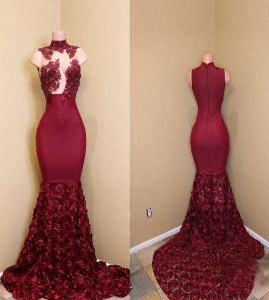 

exquisite burgundy mermaid prom dress 2018 high neck sheer applique lace handmade flower bottom zipper back long train evening9916954, Black
