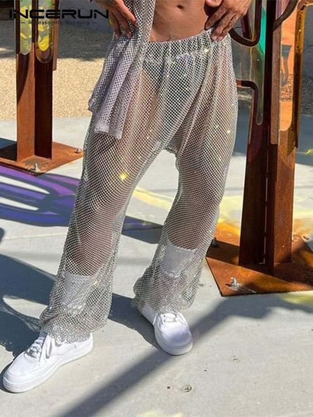 

men's pants party shows style long incerun seethrough mesh pantalons stylish shiny comfortable trousers s5xl 2023 230630, Black