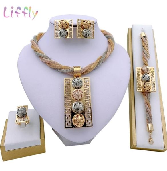 

liffly fashion indian sets african jewelry set tassel bridal wedding party elegant women necklace bracelet earrings ring 2207217732222, Slivery;golden