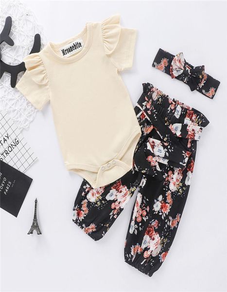 

newborn infant toddler baby girls summer cute cotton short sleeve solid romper floral pants 3pcs outfits set clothes8259090, White