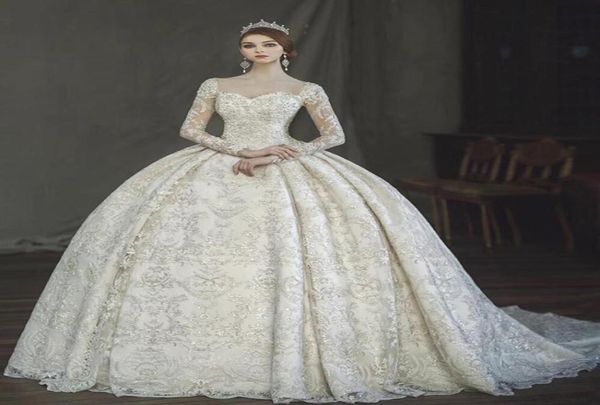 

vintage victorian gothic ball gown wedding dresses 2018 amazing lace pearl detail sweetheart long sleeve arabia turkey pakistan we4014743, White