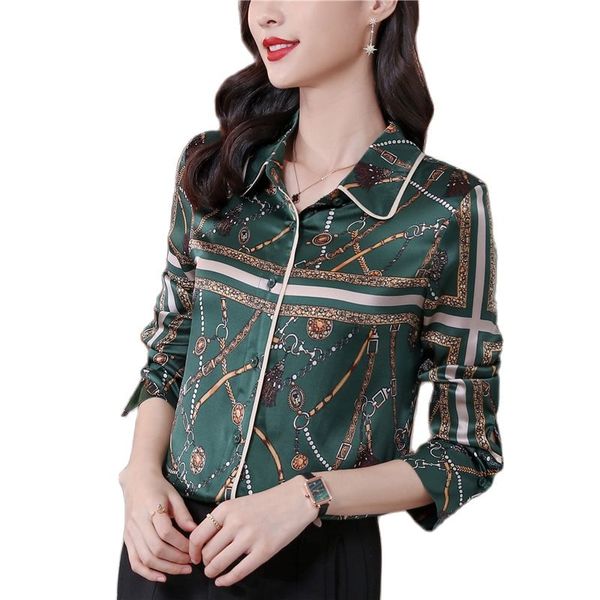 

chain print satin green shirt designer women's lapel button front formal shirt long sleeve lady back to school silk blouses 2023 busine, White