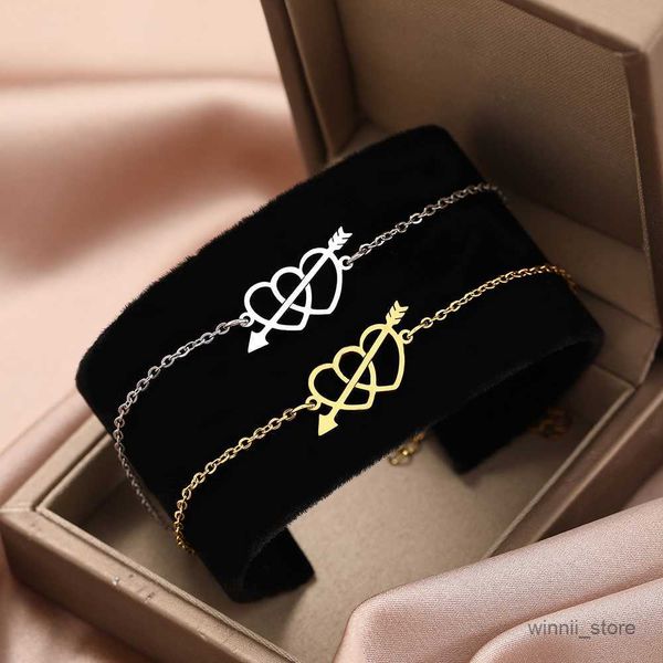 

charm bracelets stainless steel bracelets arrow through the heart pendant chains fashion charms bracelet for women jewelry party gifts r2307, Golden;silver