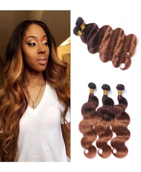 

ombre 430 body wave 3 bundles brazilian remy human hair weaves ombre color two tone dark brown to medium auburn hair extensions6287142, Black