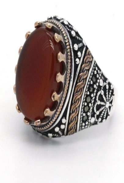 

new arrival 925 sterling silver men stone ring red onyx original vintage craved rings for men women turkish retro jewelry2251795, Golden;silver
