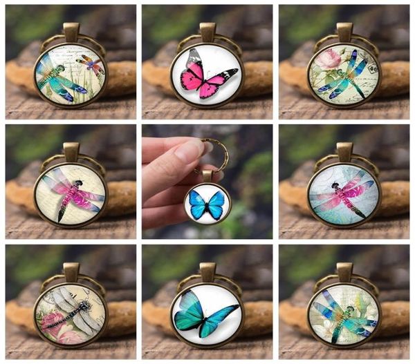 

fashion handmade dragonfly glazed insect glass dome art 25mm illustration jewelry keychain pendant key ring crafts gift jewelry7296650, Slivery;golden