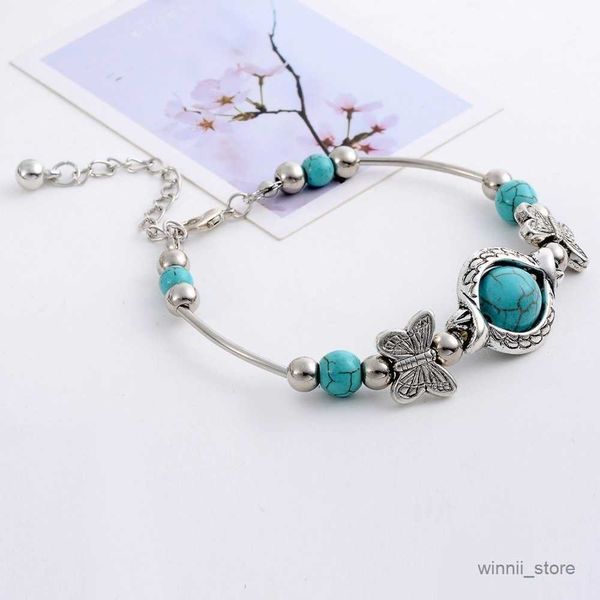 

charm bracelets trendy women bracelet carved pattern personality beaded turquoise hand chain r230701, Golden;silver