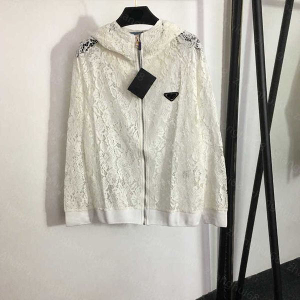 

23ss womens designer clothing womens jacket triangle label embellished long sleeve hooded water soluble lace sunscreen trench coat zipper co, Black;brown