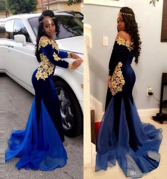 

saudi arabic long sleeves prom gowns nave blue gold appliques mermaid prom dress off the shoulder african special occasion evening2328139, Black