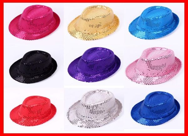 

retail 9colors baby sequin dance show jazz hats kids fish caps bling bling fedora cap boys girls baseball hats children b8044024, Yellow
