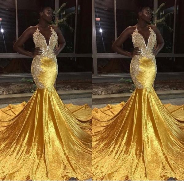 

new gold mermaid prom dresses for black girls sheer crew neck appliques long fishtail evening gowns formal vestidos festa3060250