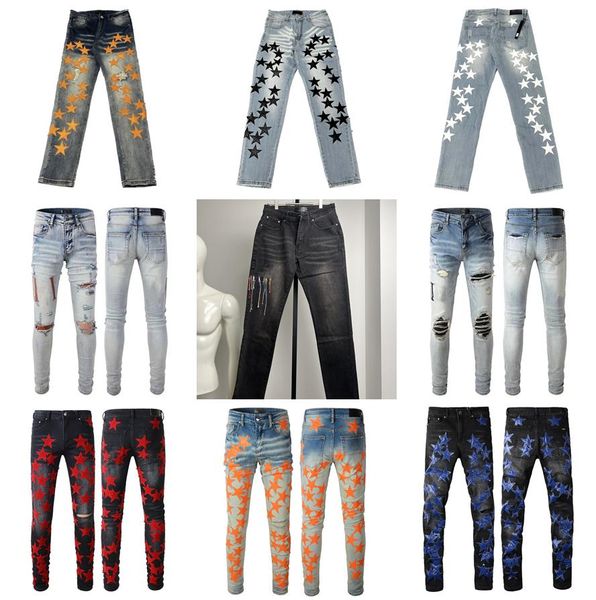 

30% off designer mens jeans purple denim high street black pants fashion holes trouser hip hop distressed zipper trousers for male, Blue